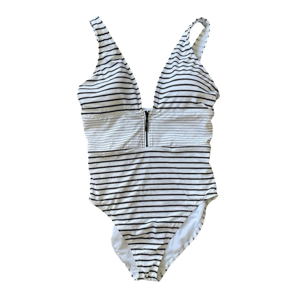 #156, Ralph Lauren black/white striped one piece swimsuit, size 12